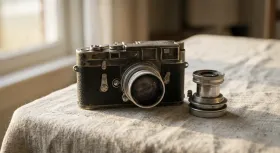 Vintage rangefinder film camera and a spare lens on a linen cloth