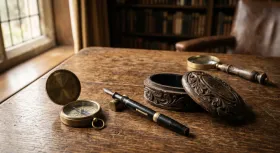 Brass pocket compass, fountain pen, carved wooden box and magnifying glass on an oak table