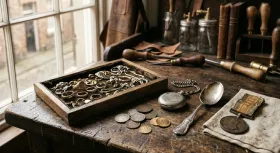 Workbench with a mixed lot for assessment: a tray of jewellery, a pocket watch, coins and a war medal
