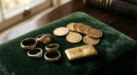 Gold rings, a diamond solitaire, gold sovereigns and a gold bar on green velvet