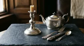 Antique silver candlestick, teapot and ornate cutlery on a dark slate surface